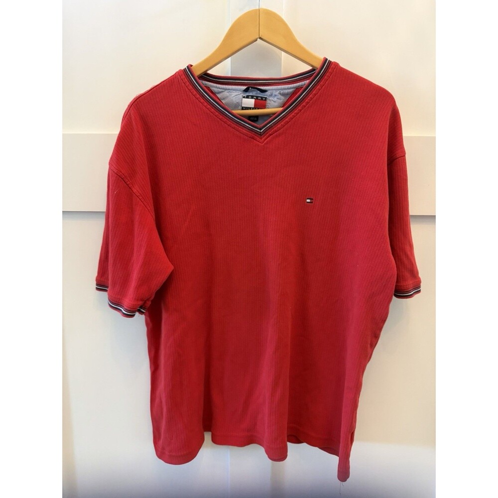Mens Vintage 90’s Tommy Hilfiger Jeans Logo Red V-Neck Ringer Crew T-Shirt Sz L
